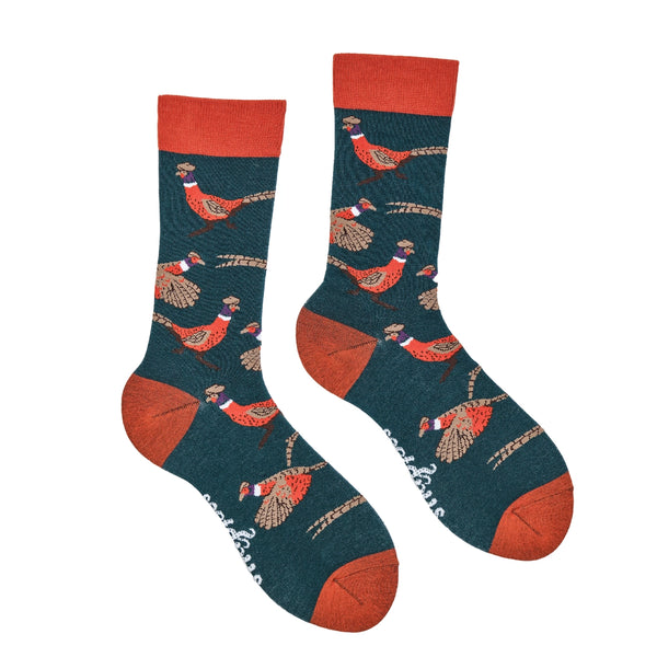 Pair of socks with pheasant pattern on a white background