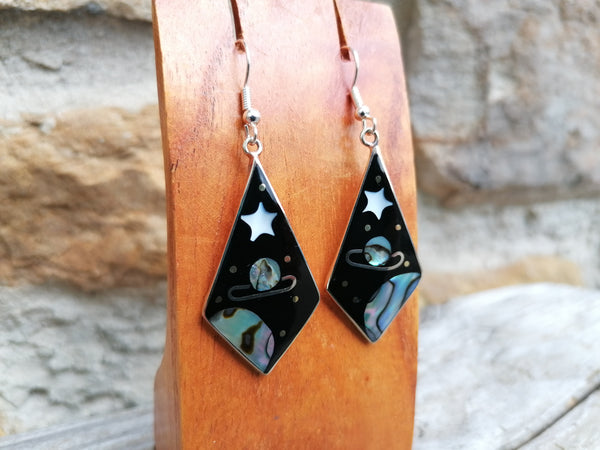 Large Black Saturno Diamond Cosmic Earrings