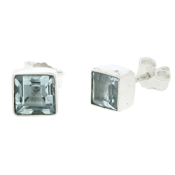 Nova Silver Faceted Blue Topaz Square Stud Earrings