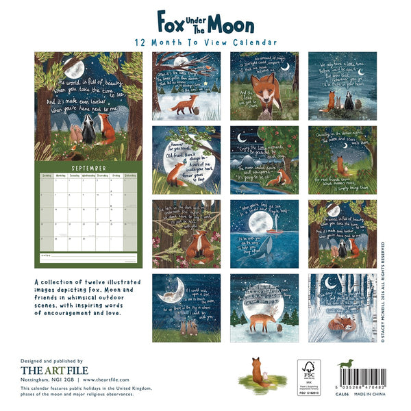 Calendar with fox illustrations and poetic text against a white background