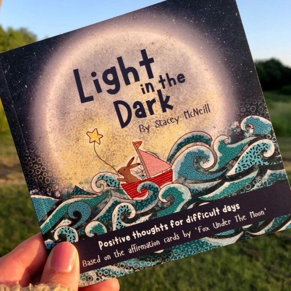 A hand holding a mini paperback book titled 'Light in the Dark' by Stacey McNeil with a colorful cover design featuring a fox and waves.