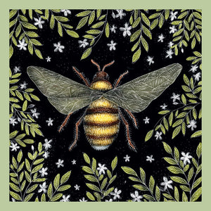 an illustrated greetings card with british bees and flowers