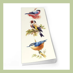 A long rectangular notepad with three illustrated garden birds on the front on a white background with green border.