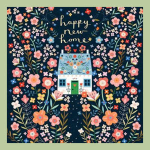 a happy new home card with midnight garden scene with a house under a moon and tree