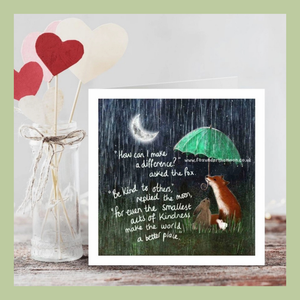 greetings card design with artwork of a hare jumping on hills with the sun in the sky and trees