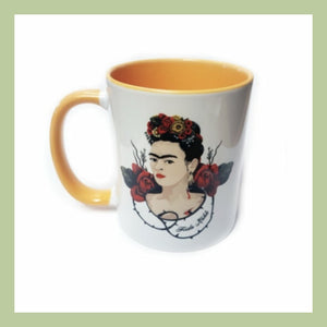 a ceramic mug with an image of Frida Khalo
