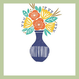 an illustration of a blue vase with yellow orange and green flowers saying get well soon