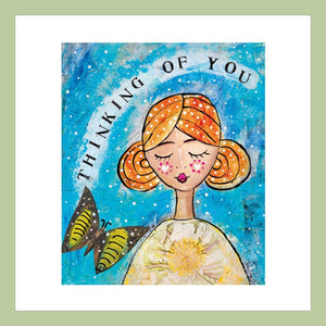 An illustrated image of a girl with orange hair next to a butterfly text reads thinking of you