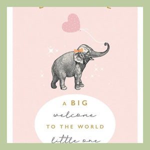 illustration of a small grey elephant holding a floral balloon with its trunk saying 'new baby' on it