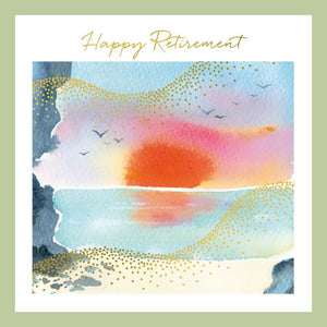 a happy retirement greetings card with beach sea sunset and birds