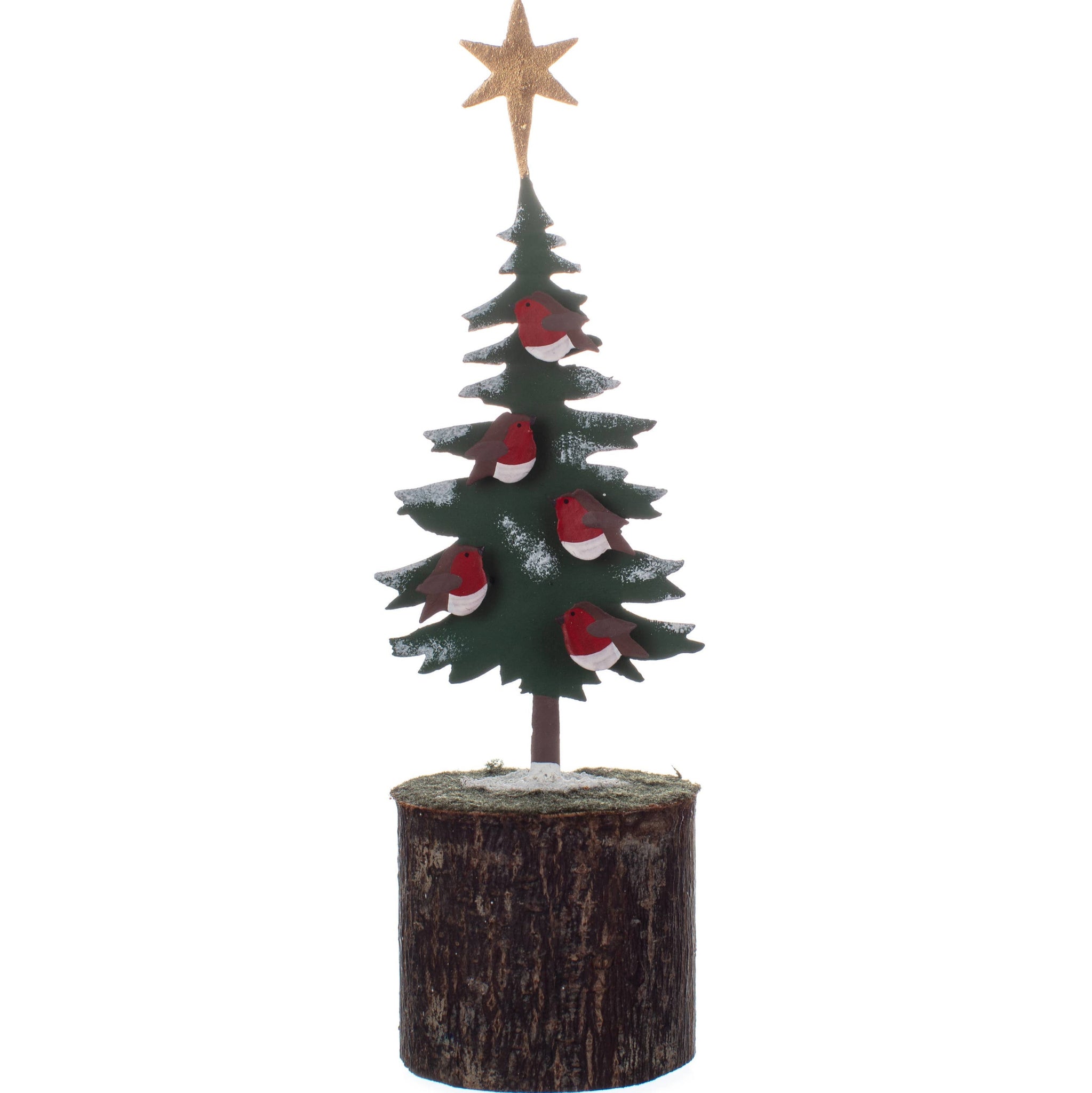 Small Christmas tree decoration with a star on top, placed on a wooden base against a white background.