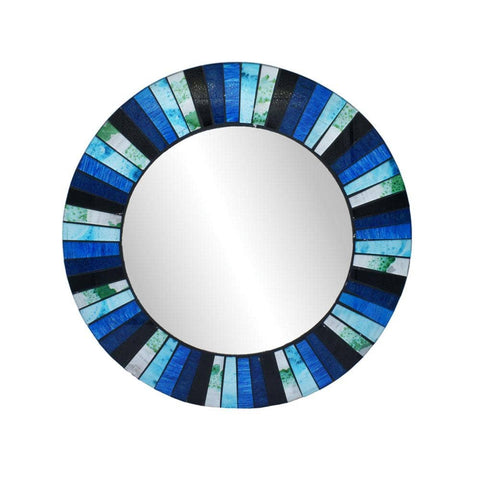 Round mirror with a colorful, striped blue and black frame on a white background