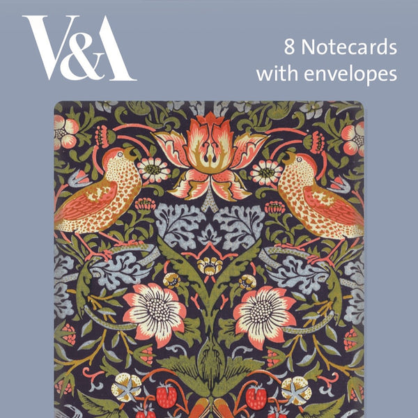 Pack of 8 notecards with envelopes featuring the Strawberry Thief design by William Morris, depicting a vibrant floral pattern with birds.