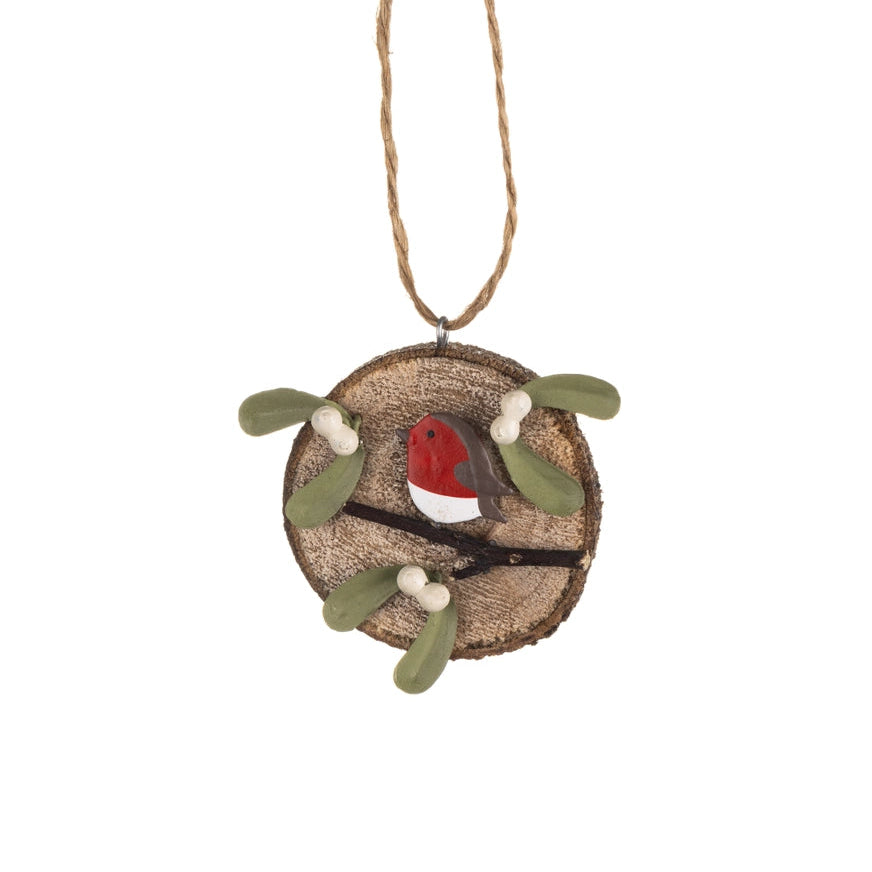 Robin and Mistletoe on Log Round Hanging