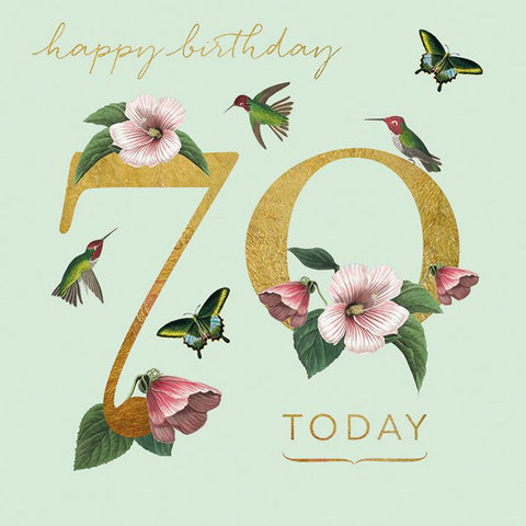 70th birthday card with flowers, hummingbirds, and butterflies on a light green background