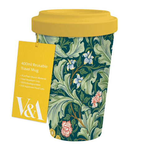 Reusable travel mug with floral design and yellow lid, featuring V&A branding.
