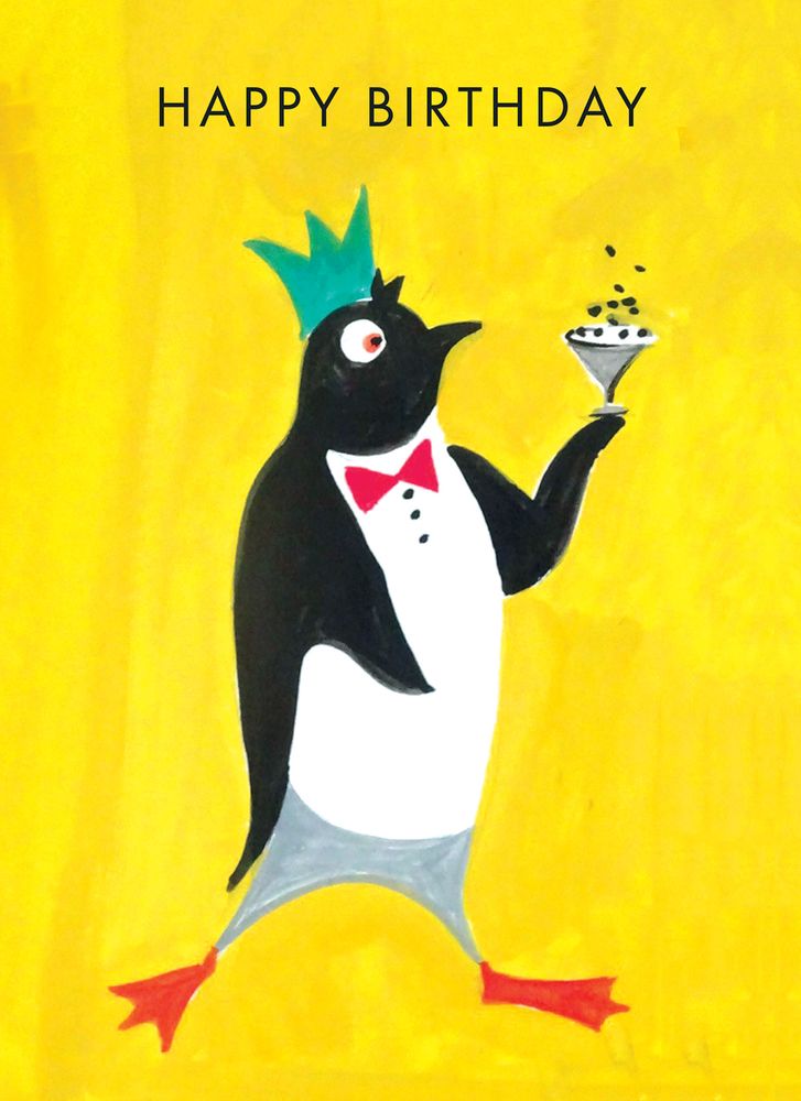 Birthday card with a penguin holding a cake on a yellow background
