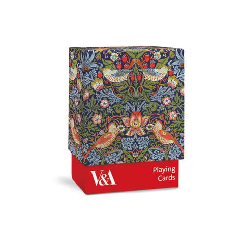 Playing cards box with decorative design and red base, featuring V&A branding.