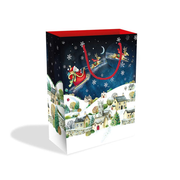 Christmas-themed gift bag with Santa Claus and reindeer design on a white background