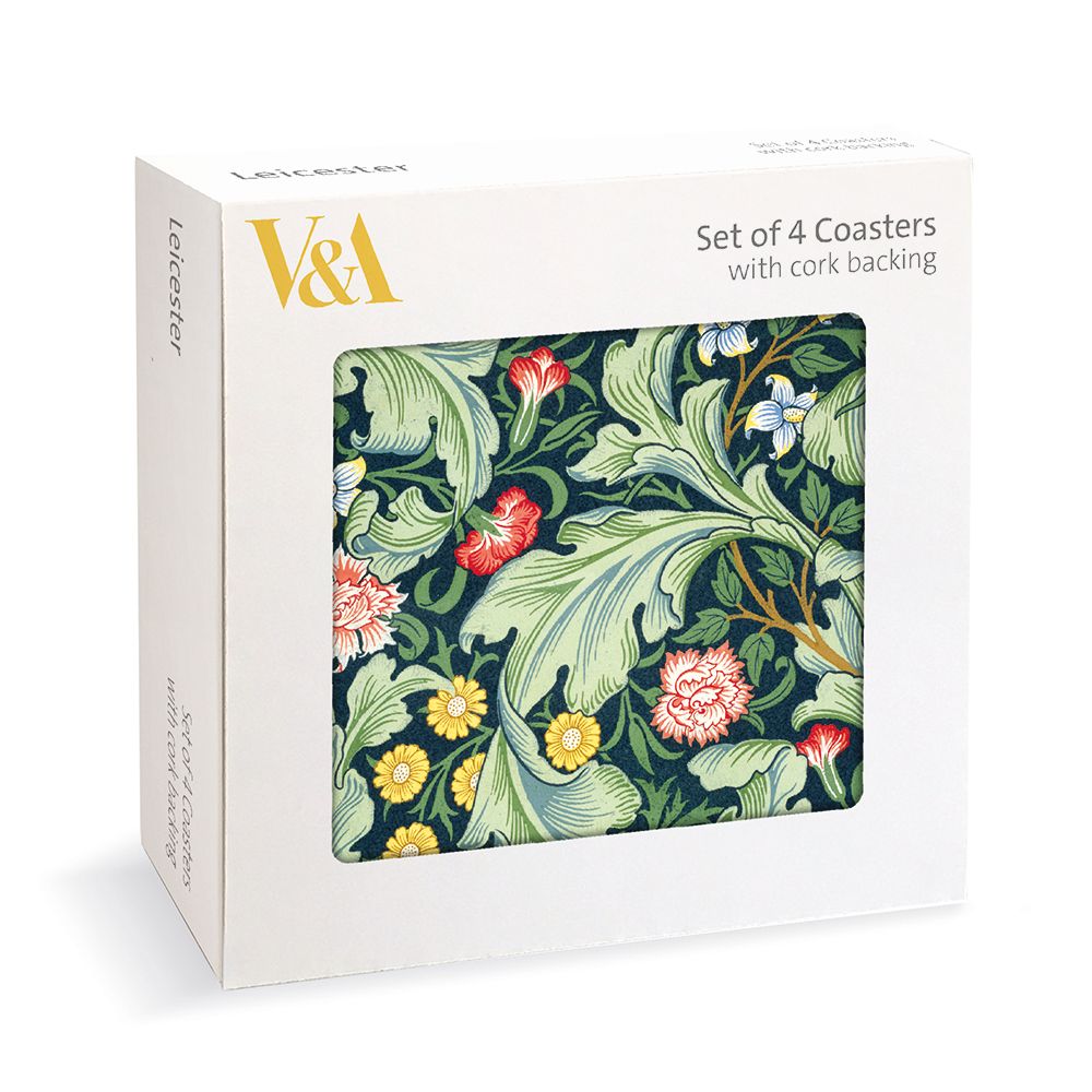 Box of V&A coasters with floral design on a white background
