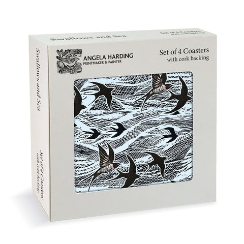 Box of Angela Harding coasters with black and white design on a white background