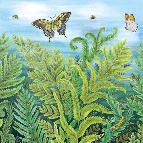 Illustration of butterflies and ferns with a blue sky background