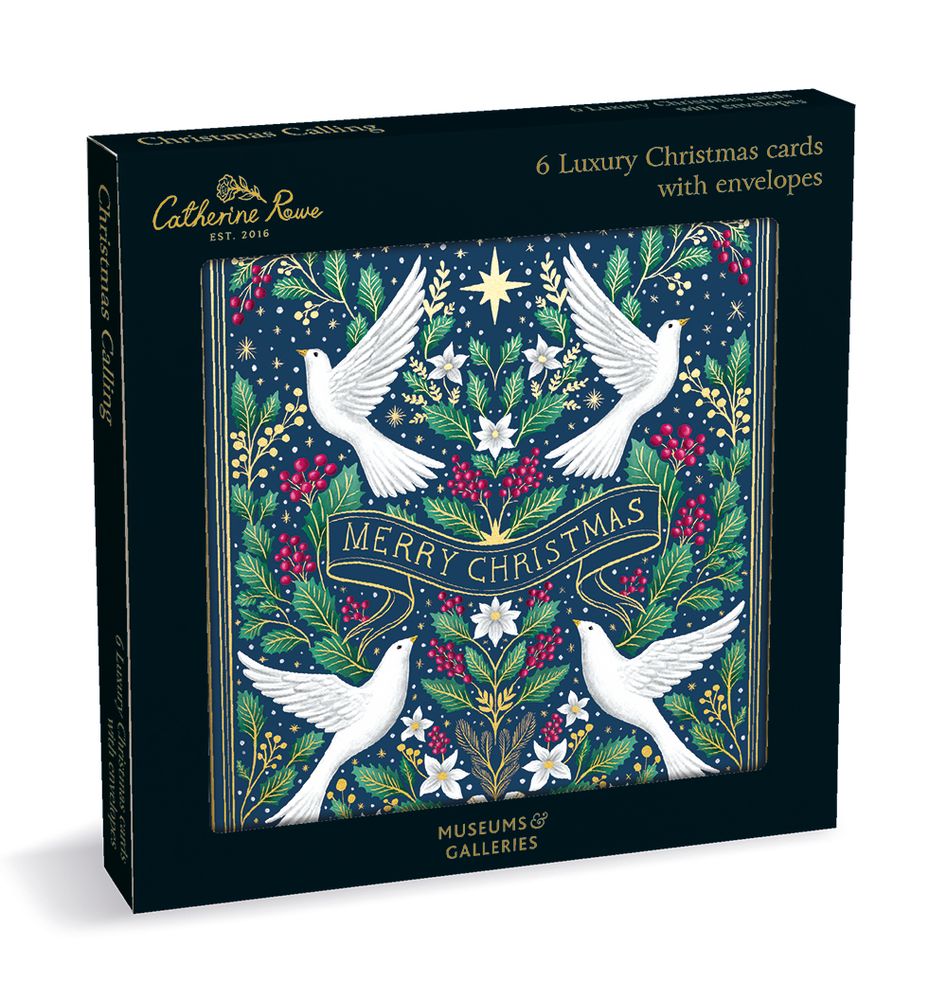 Box of Catherine Rowe Christmas cards with doves and festive design