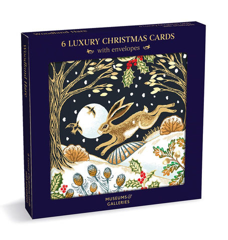 Box of 6 luxury Christmas cards with a hare design on a white background