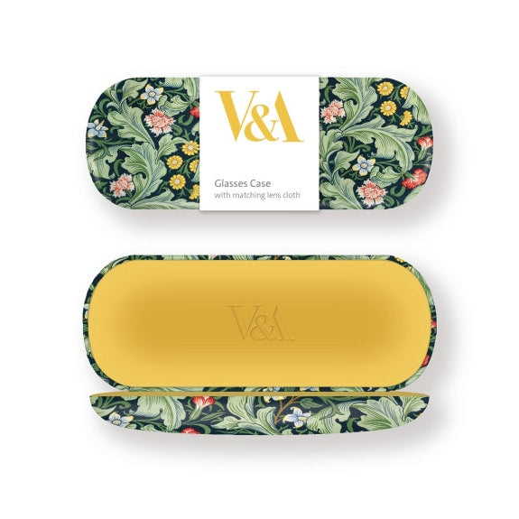 Glasses case with floral design and matching lens cloth, featuring V&A branding.