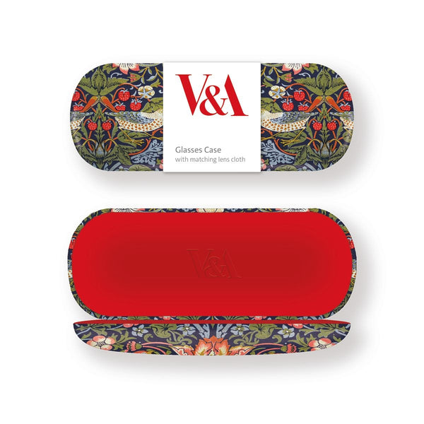 V&A glasses case with floral design and red interior on a white background