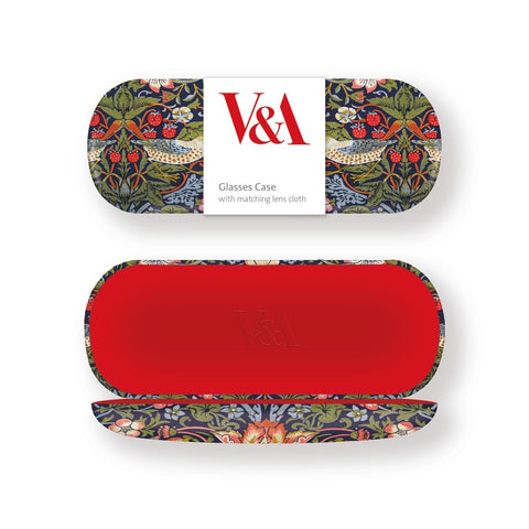 V&A glasses case with floral design and red interior on a white background