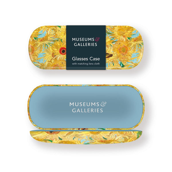 Glasses case with sunflower design and 'Museums & Galleries' branding on a white background