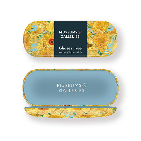 Glasses case with sunflower design and 'Museums & Galleries' branding on a white background