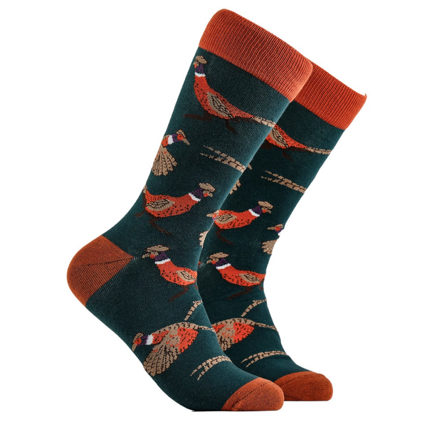 Pair of socks with pheasant pattern on a white background