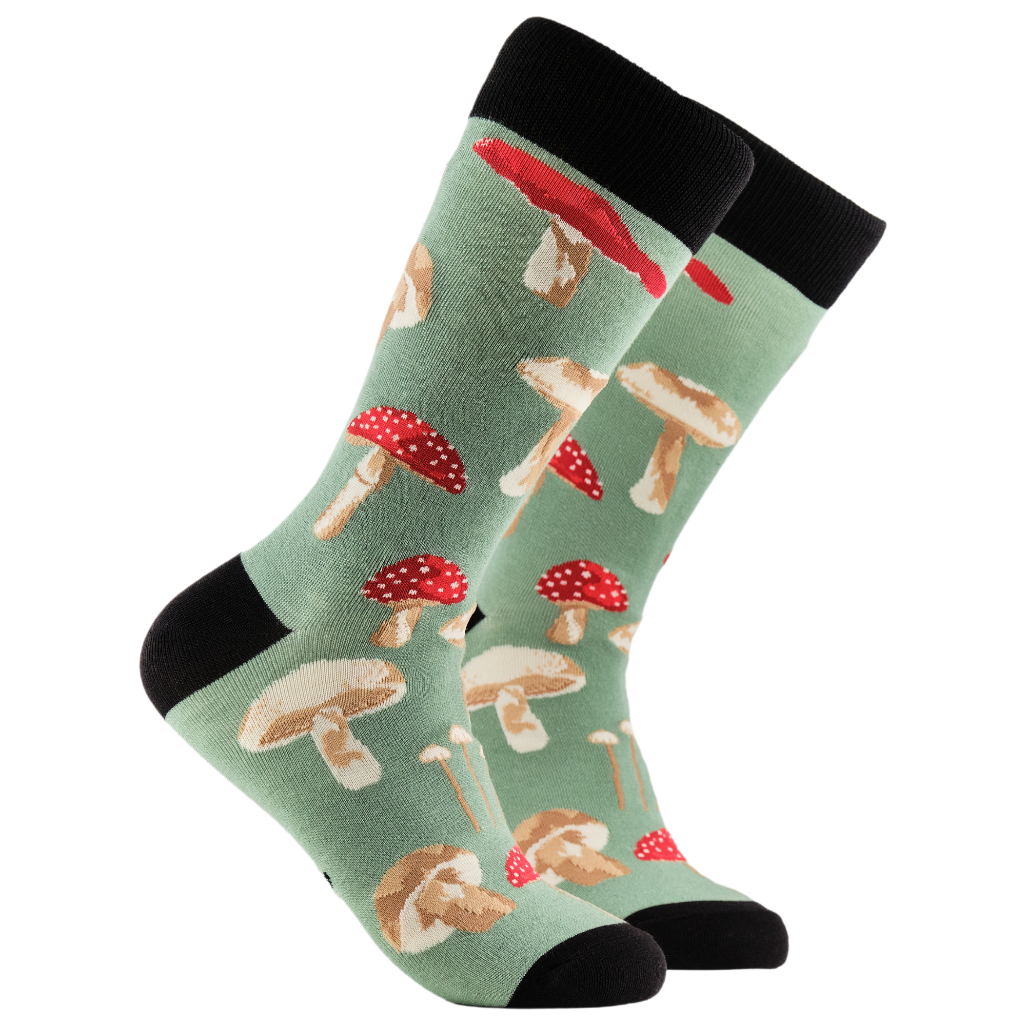 Mushroom-patterned socks on a light green background