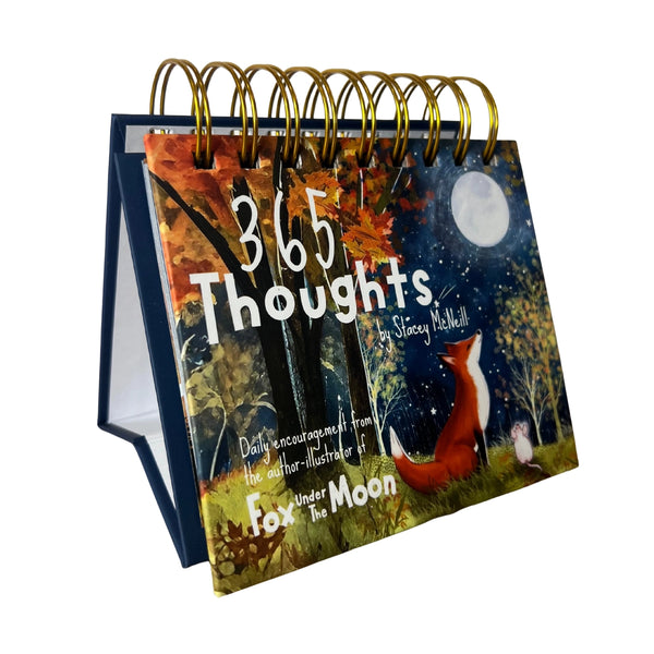 Desk calendar titled '365 Thoughts' with fox and moon illustration on a white background