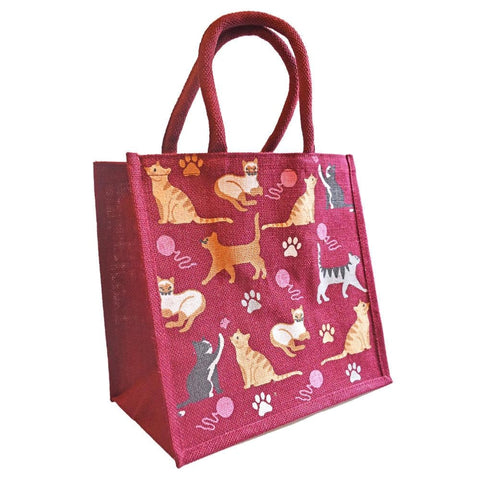 Cats Burgundy Jute Shopper Bag
