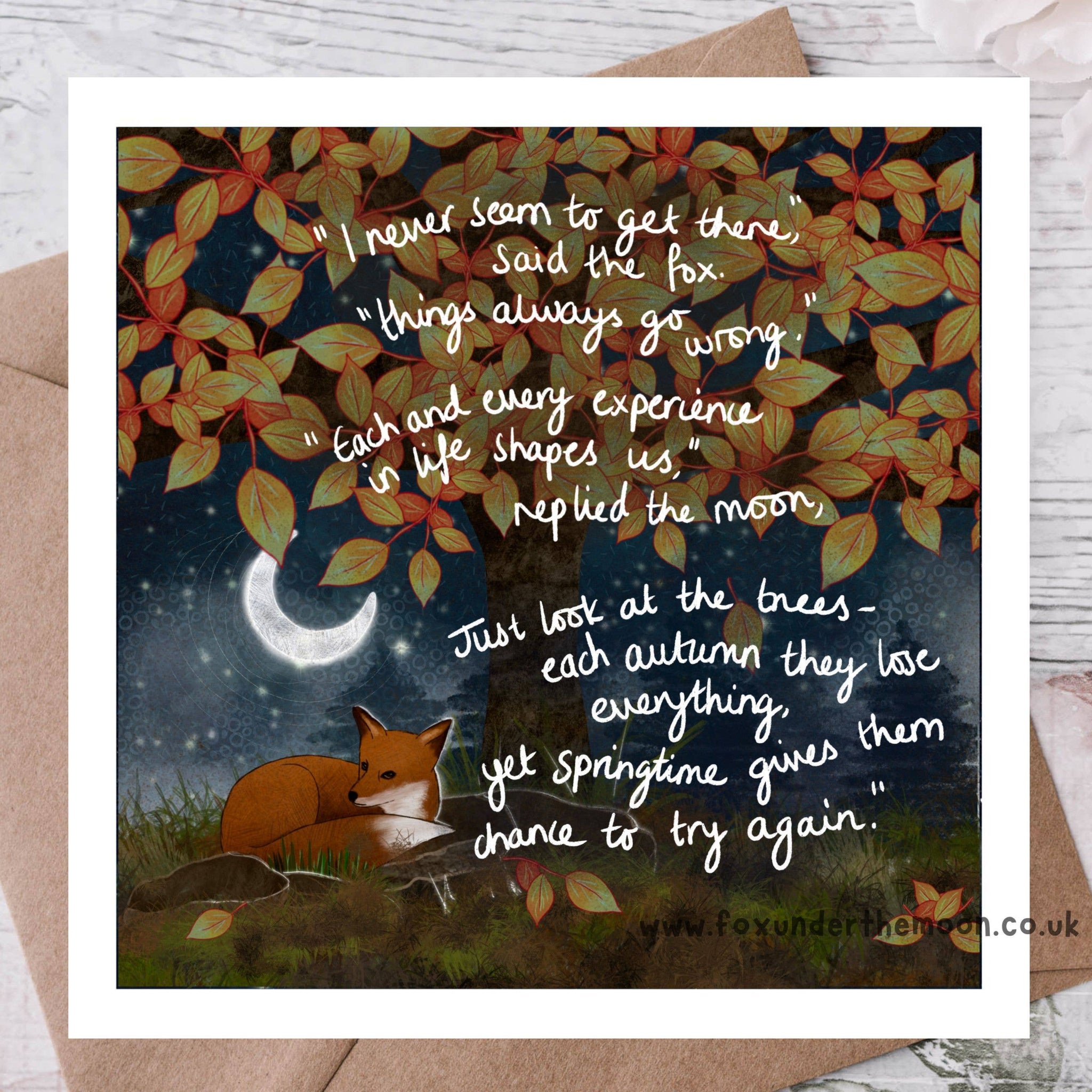 Greeting card with fox and autumn leaves design, featuring a quote.