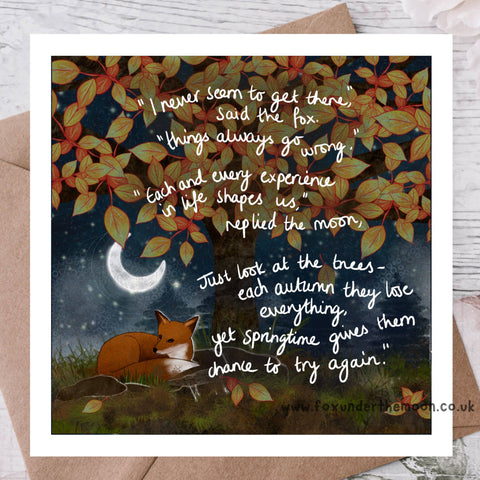 Greeting card with fox and autumn leaves design, featuring a quote.