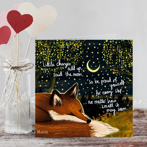Card with fox illustration and motivational quote on a night sky background, hearts in the background.