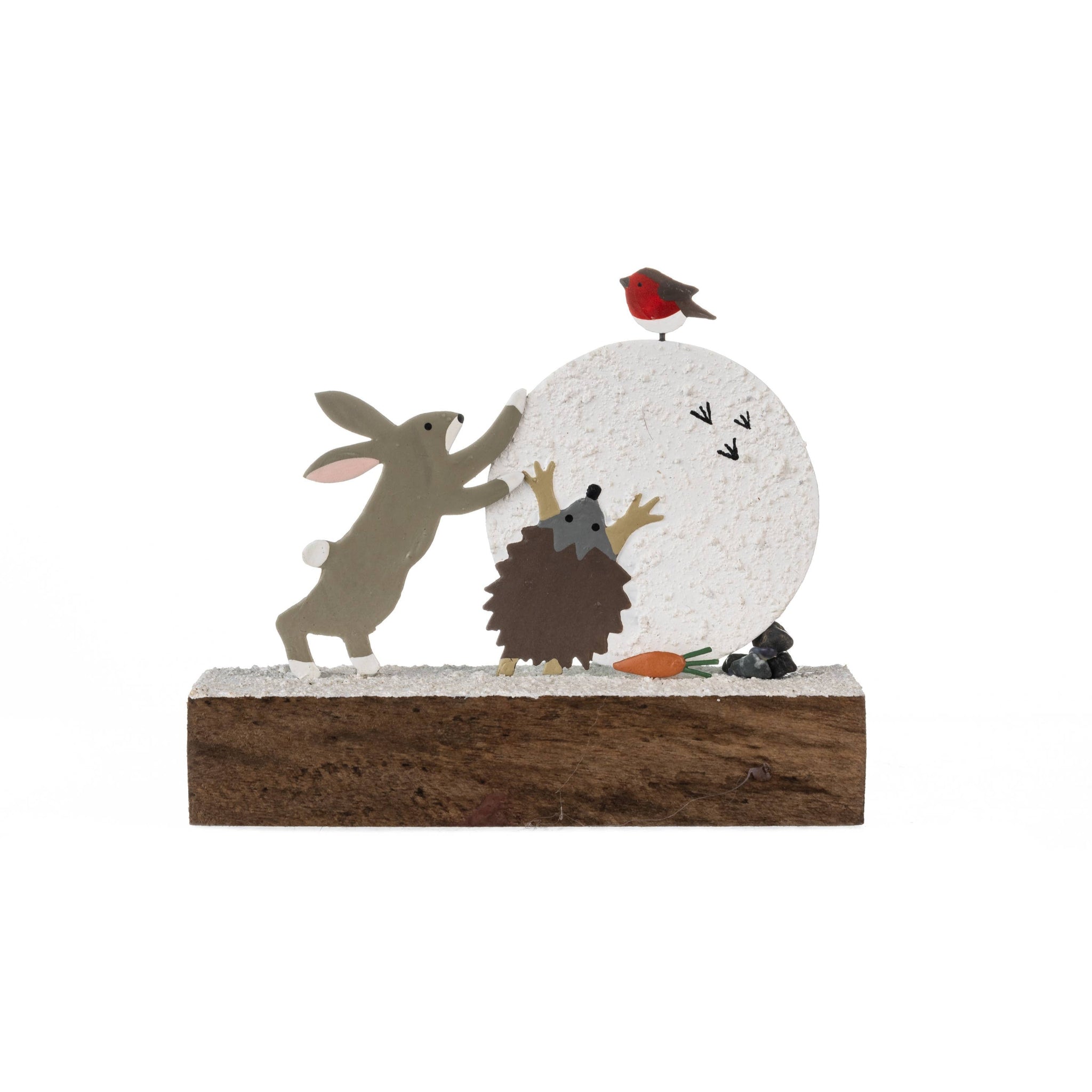 Decorative figurine with a rabbit, hedgehog, and bird on a white background