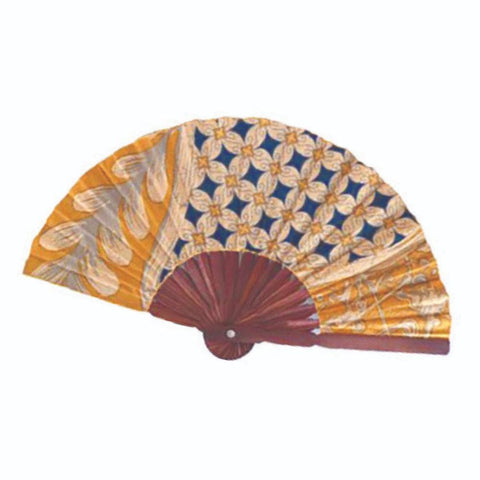 Decorative hand fan with floral and geometric patterns on a white background