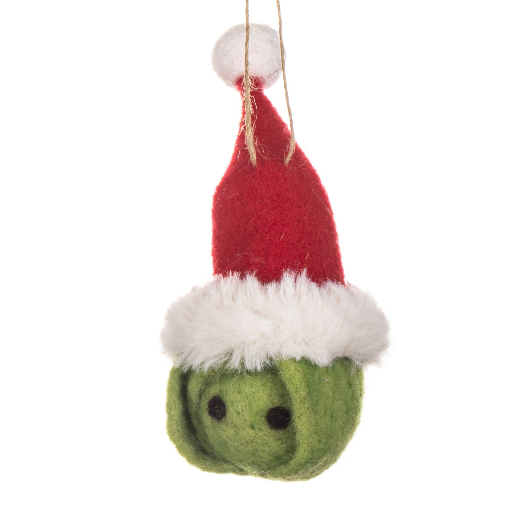 Felted Christmas ornament shaped like a sprout with a red hat on a white background