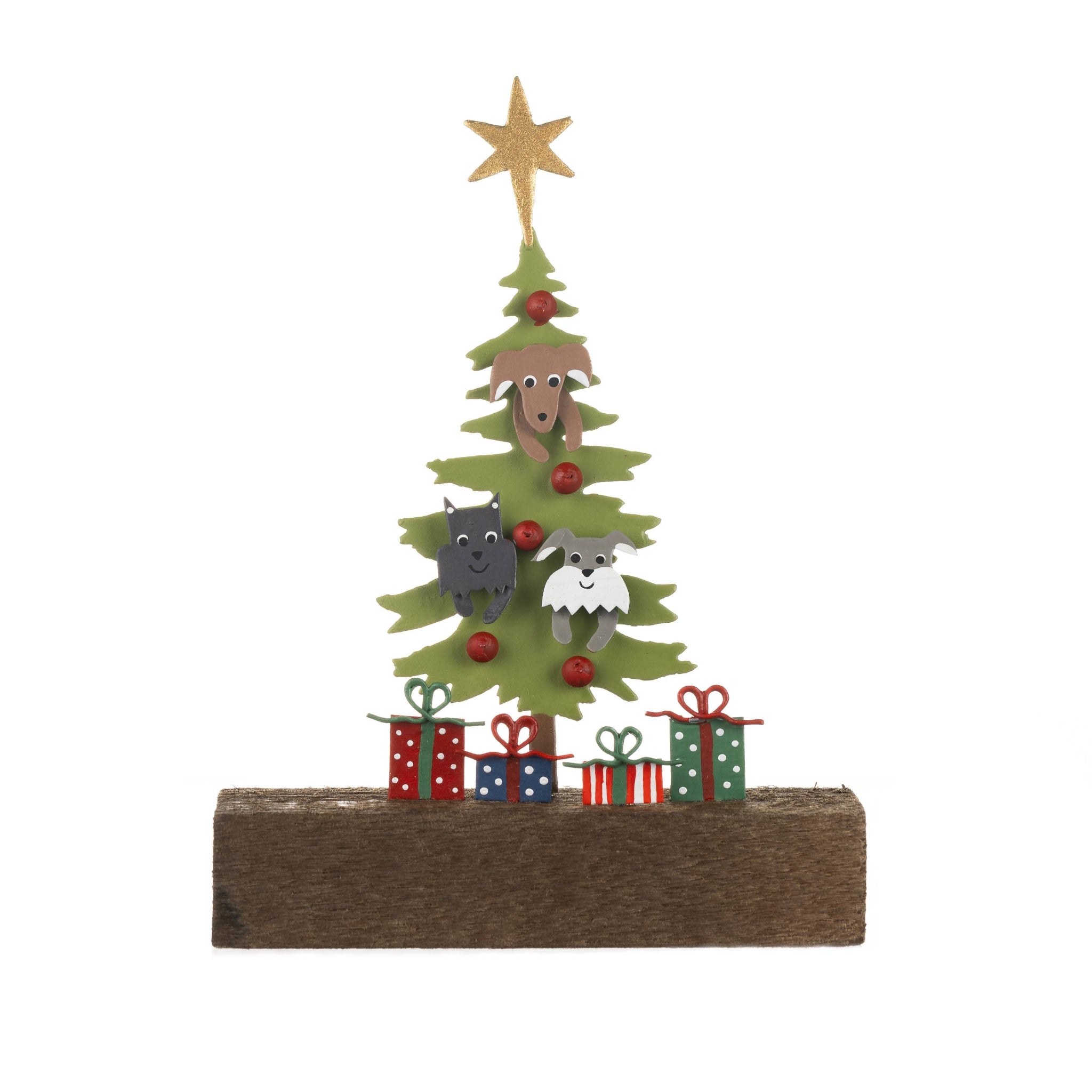 Decorative Christmas tree with animals and presents on a white background