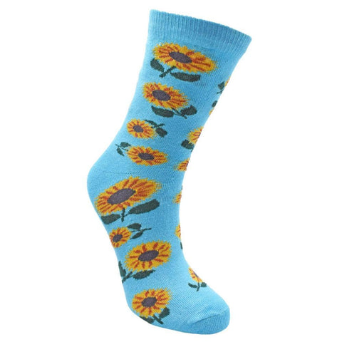 Blue sock with sunflower pattern on a white background