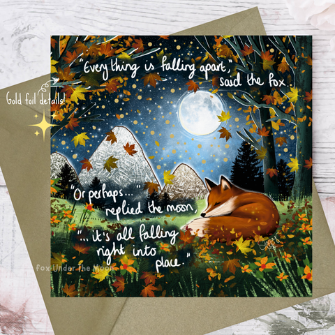Greeting card with fox and mountain scene, autumn leaves, and moonlit sky.