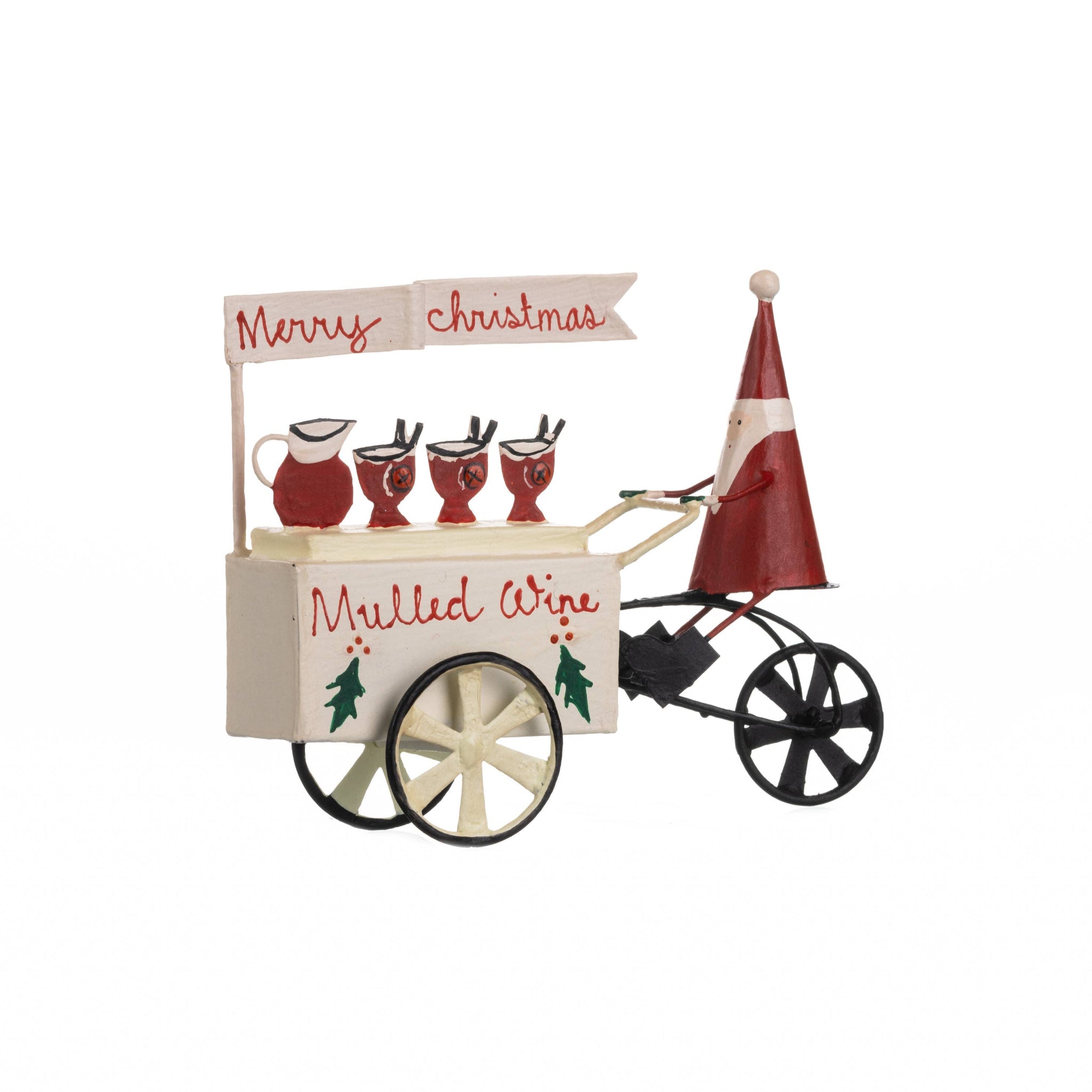 Decorative Christmas cart with mulled wine sign and Santa hat on a white background