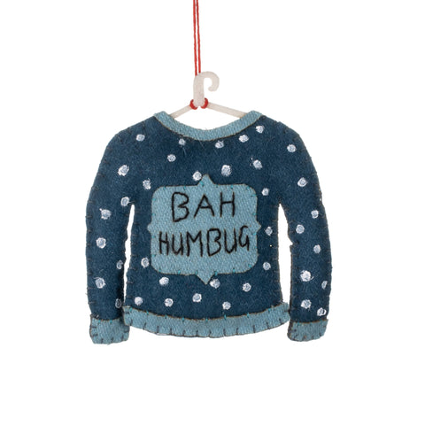 Blue sweater hanging decoration with 'BAH HUMBUG' text on a white background