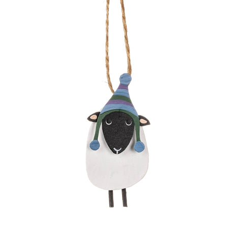 Decorative sheep ornament with a colorful hat on a white background