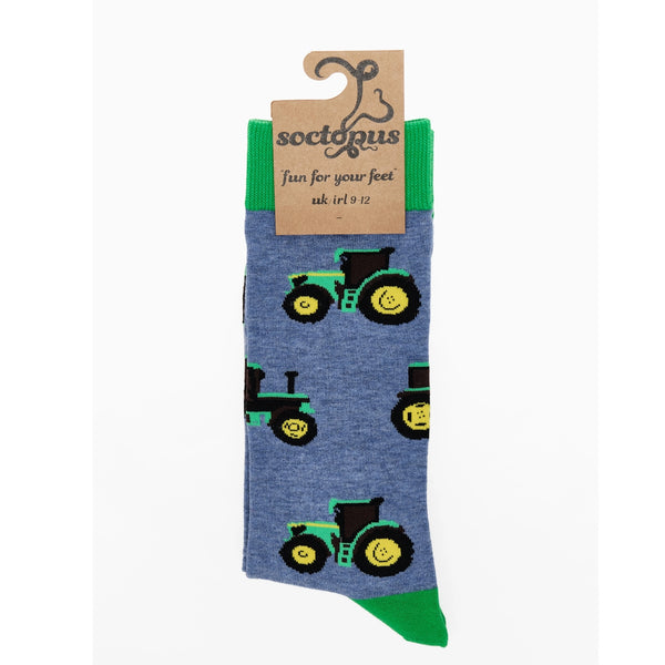 Blue sock with green tractor design on a white background